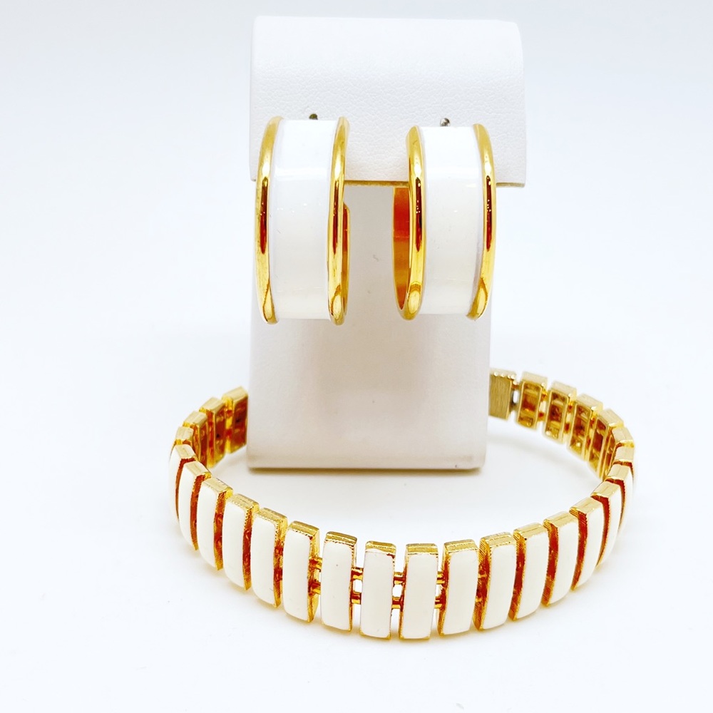 Vintage Enamel Gold and White Earrings and Bangle, Unsigned, Preowned